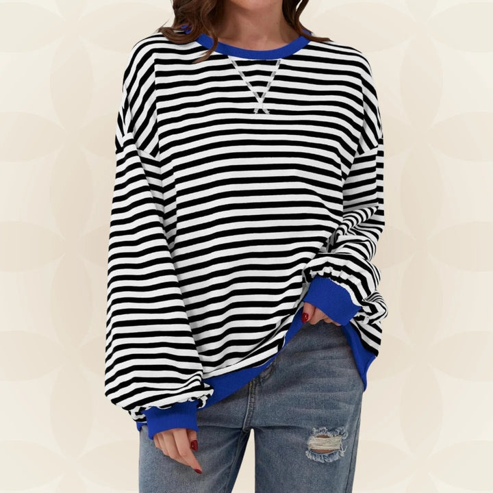 Women's striped pullover sweater with long sleeves and ribbed trims