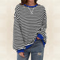 Women's striped pullover sweater with long sleeves and ribbed trims