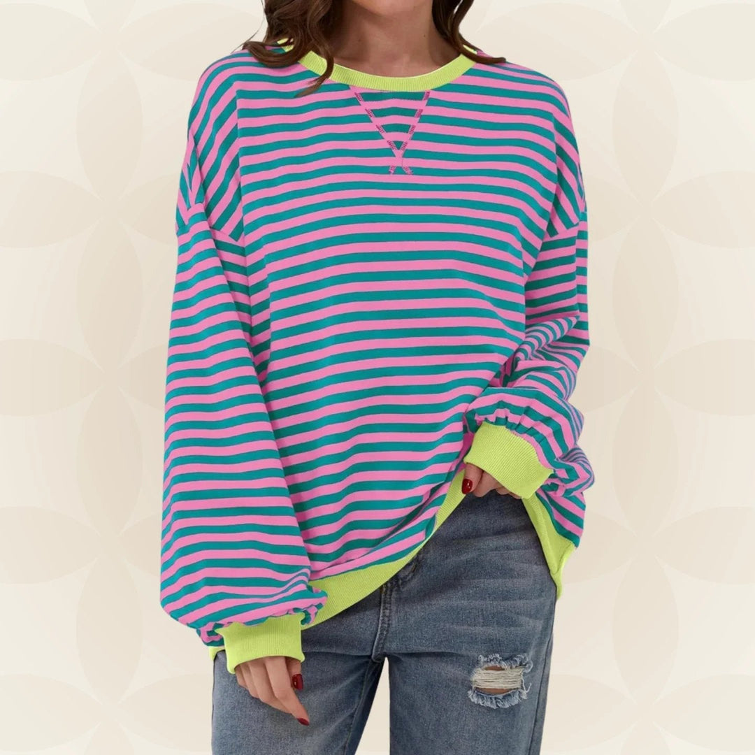 Women's striped pullover sweater with long sleeves and ribbed trims