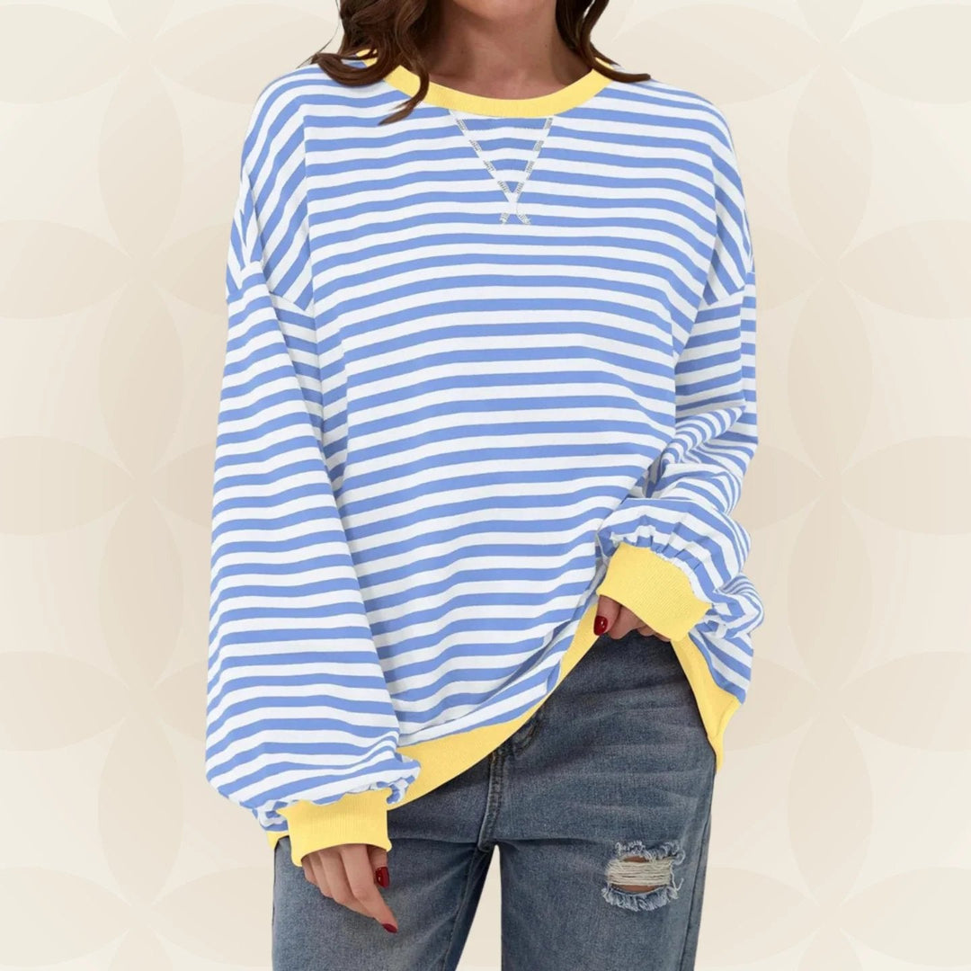 Women's striped pullover sweater with long sleeves and ribbed trims