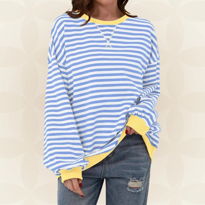 Women's striped pullover sweater with long sleeves and ribbed trims