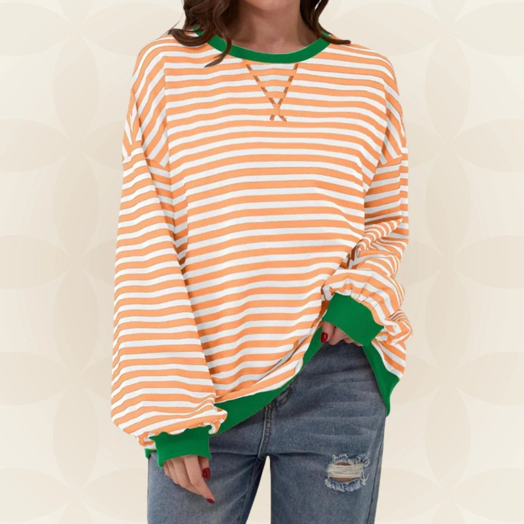 Women's striped pullover sweater with long sleeves and ribbed trims