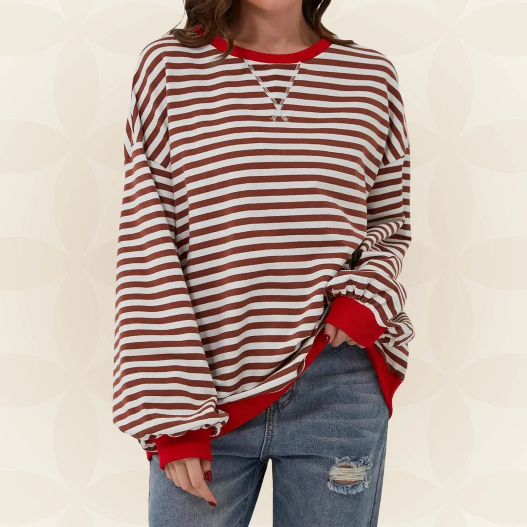 Women's striped pullover sweater with long sleeves and ribbed trims