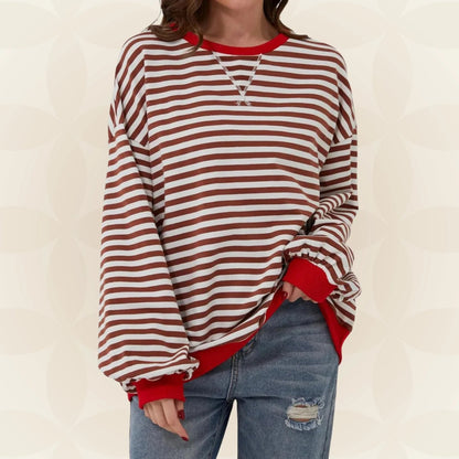 Women's striped pullover sweater with long sleeves and ribbed trims