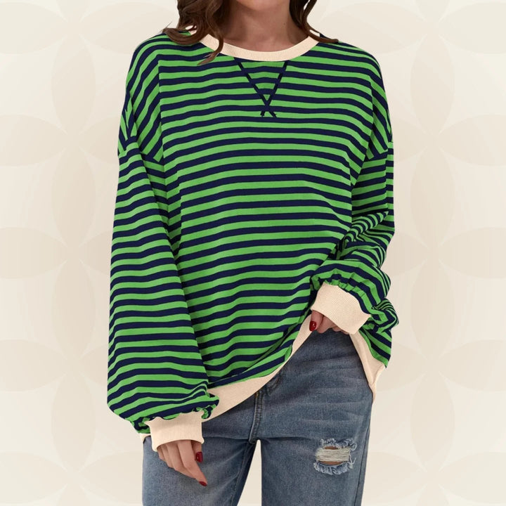 Women's striped pullover sweater with long sleeves and ribbed trims