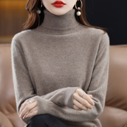 Women's long-sleeve turtleneck sweater with ribbed collar and cuffs
