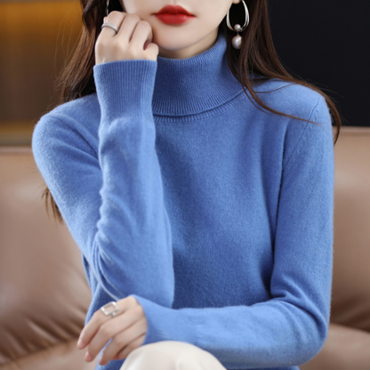 Women's long-sleeve turtleneck sweater with ribbed collar and cuffs