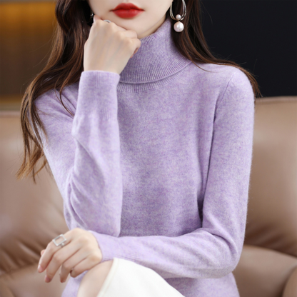 Women's long-sleeve turtleneck sweater with ribbed collar and cuffs