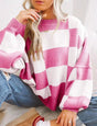 Women's checked jumper with crew neck, long sleeves and ribbed trims