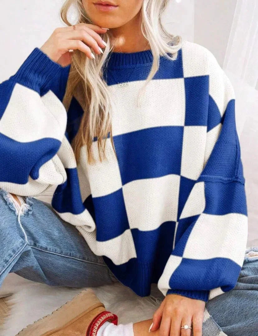 Women's checked jumper with crew neck, long sleeves and ribbed trims