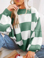 Women's checked jumper with crew neck, long sleeves and ribbed trims