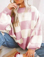 Women's checked jumper with crew neck, long sleeves and ribbed trims