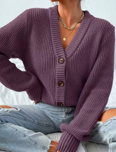 Women's ribbed V-neck button cardigan with long sleeves