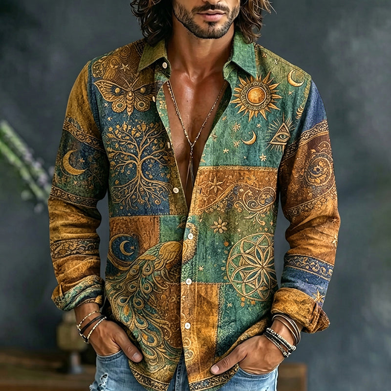Men's long-sleeve patchwork shirt with peacock, sun, moon and paisley print