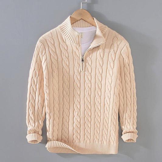 Unisex cable knit quarter-zip sweater with stand collar and ribbed trims