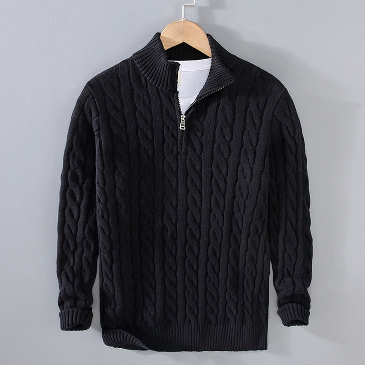Unisex cable knit quarter-zip sweater with stand collar and ribbed trims