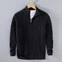 Unisex cable knit quarter-zip sweater with stand collar and ribbed trims