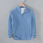 Unisex cable knit quarter-zip sweater with stand collar and ribbed trims