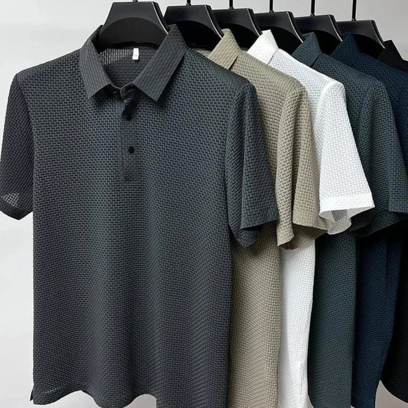 Men's waffle knit polo shirt with short sleeves and button placket