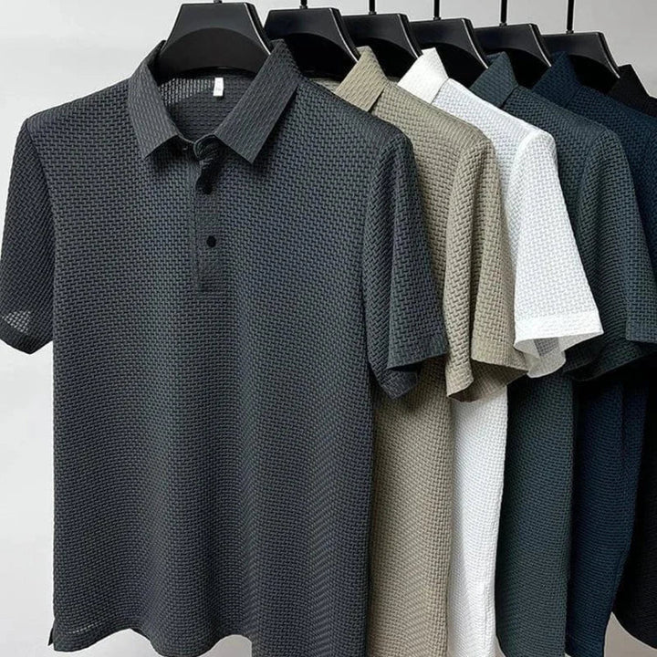 Men's waffle knit polo shirt with short sleeves and button placket