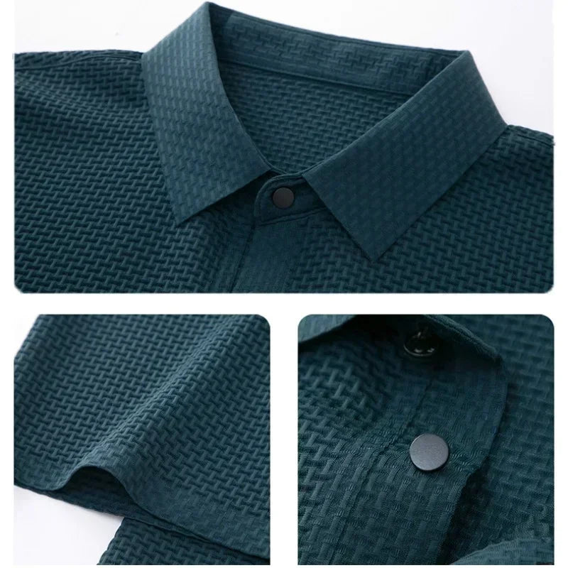 Men's waffle knit polo shirt with short sleeves and button placket
