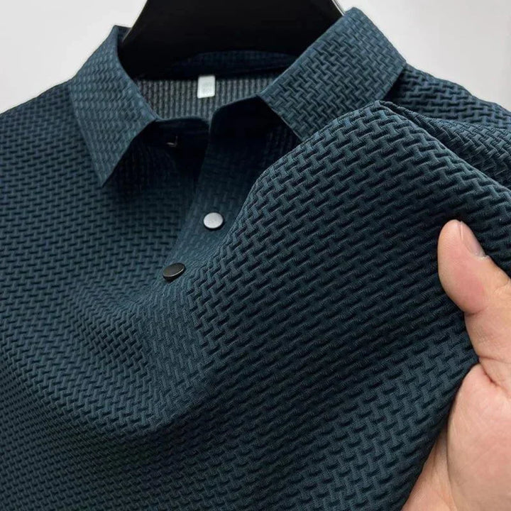Men's waffle knit polo shirt with short sleeves and button placket
