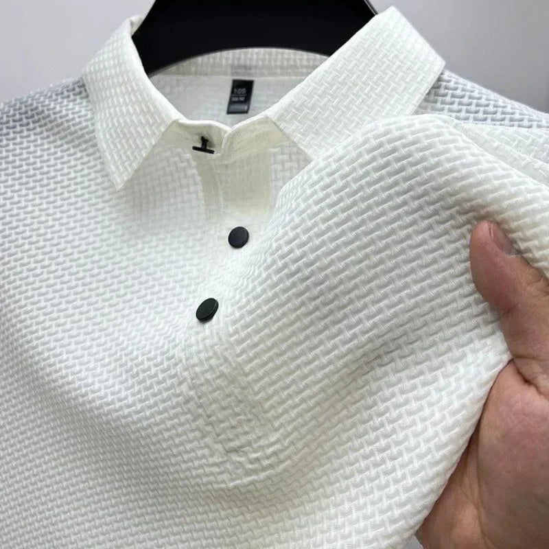 Men's waffle knit polo shirt with short sleeves and button placket