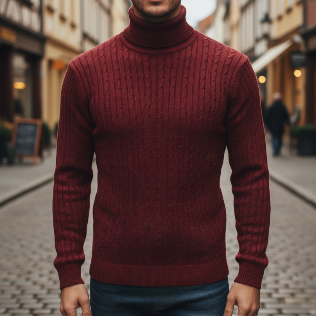 Men's textured cable knit turtleneck sweater