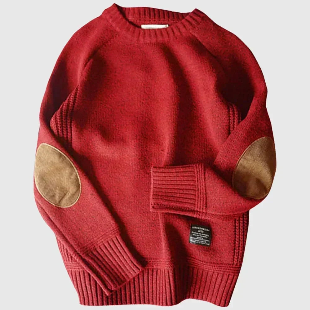 Men's crewneck sweater with contrasting elbow patches and ribbed trims