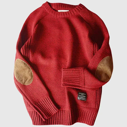 Men's crewneck sweater with contrasting elbow patches and ribbed trims