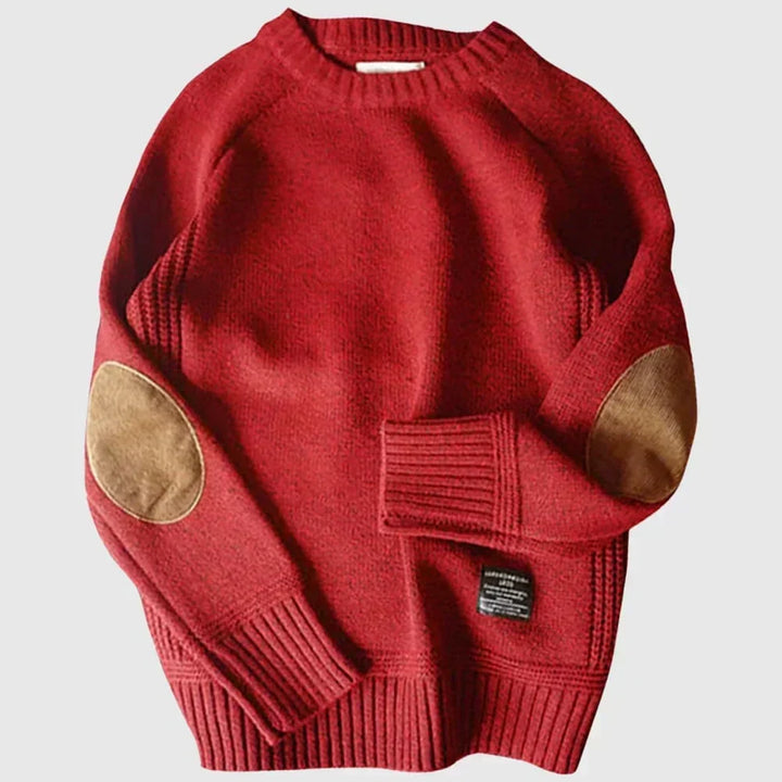 Men's crewneck sweater with contrasting elbow patches and ribbed trims