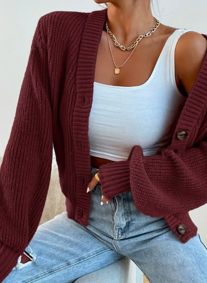 Women's ribbed V-neck button cardigan with long sleeves