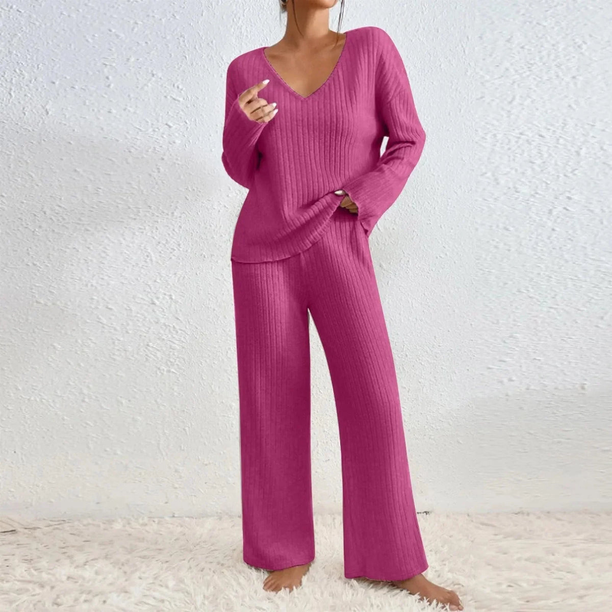 Women's ribbed knit V-neck top and wide-leg trouser loungewear set