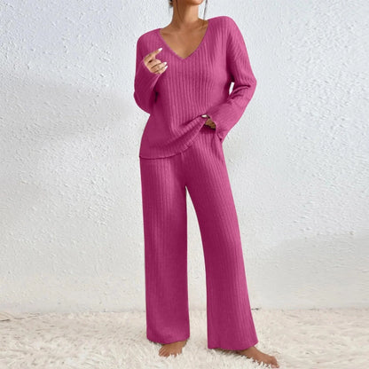 Women's ribbed knit V-neck top and wide-leg trouser loungewear set