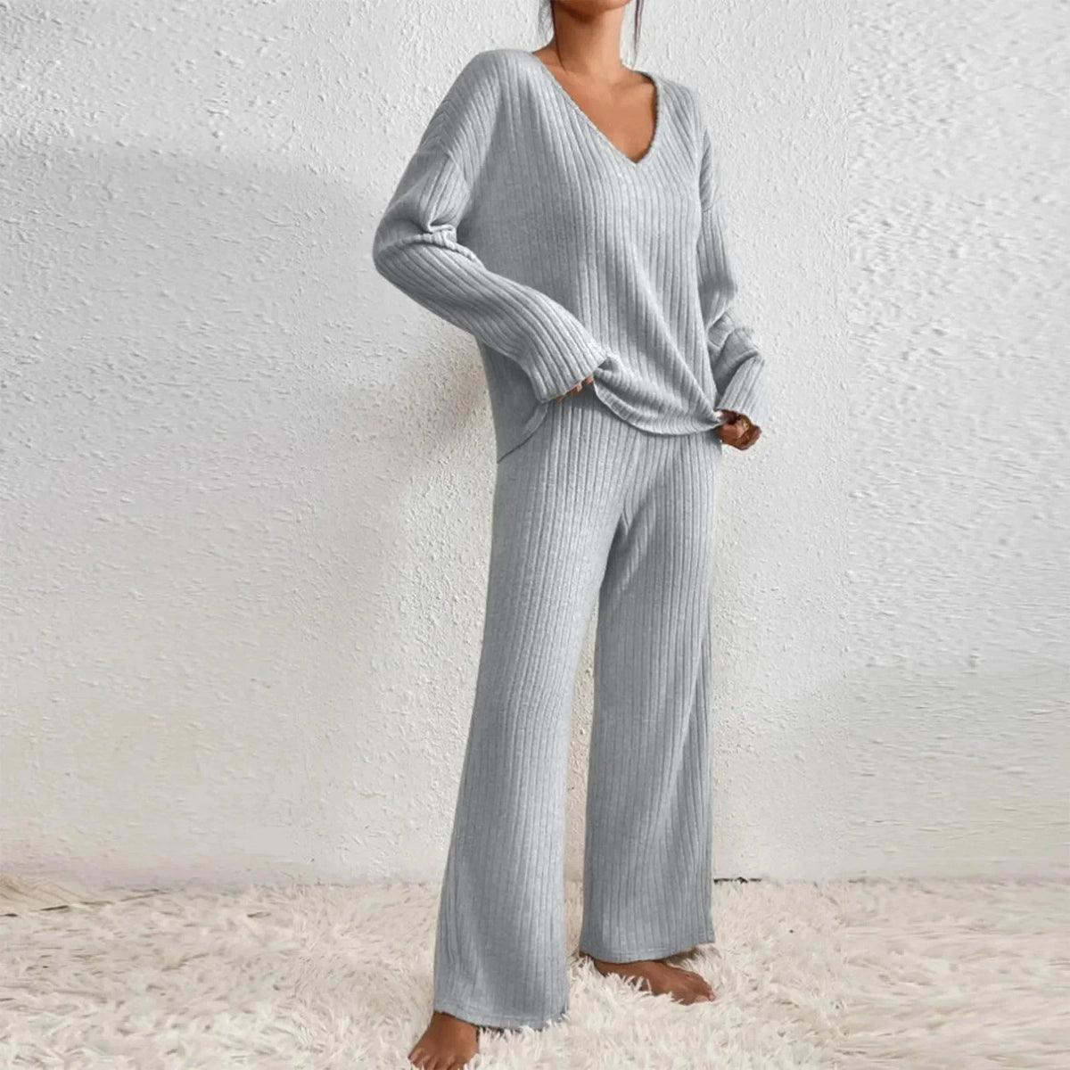 Women's ribbed knit V-neck top and wide-leg trouser loungewear set