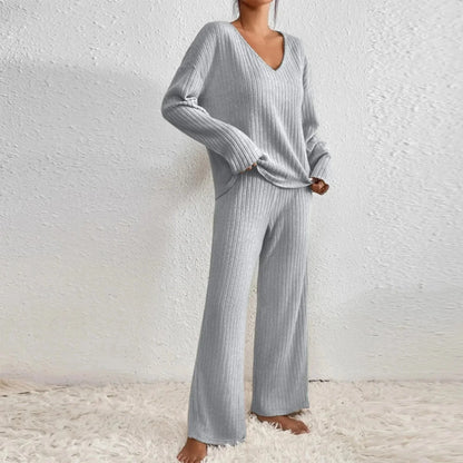 Women's ribbed knit V-neck top and wide-leg trouser loungewear set