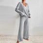 Women's ribbed knit V-neck top and wide-leg trouser loungewear set