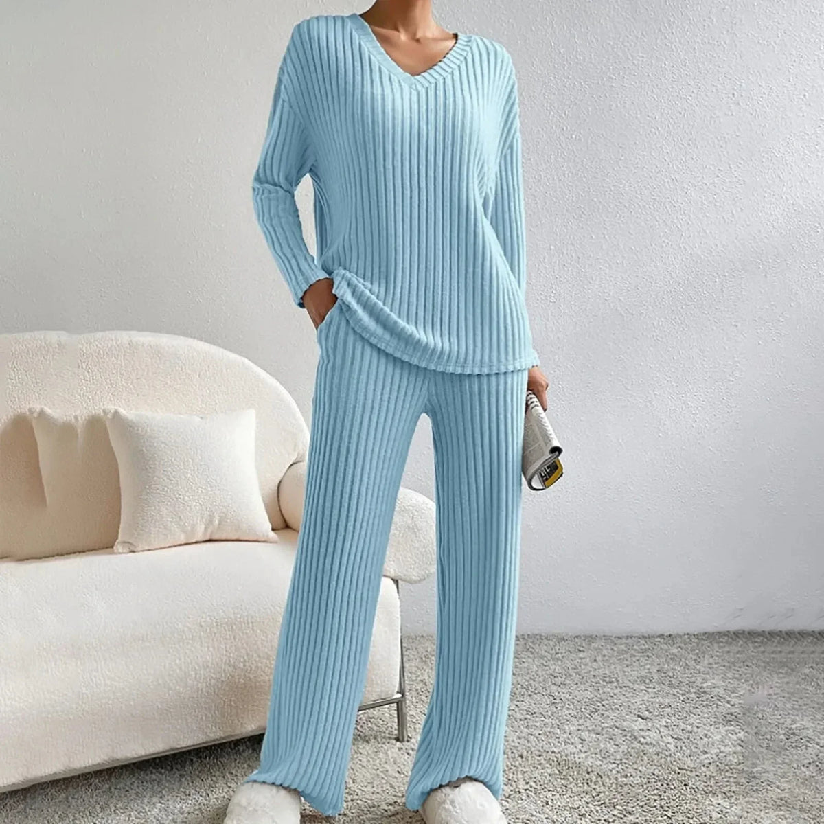 Women's ribbed knit V-neck top and wide-leg trouser loungewear set