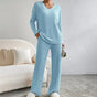 Women's ribbed knit V-neck top and wide-leg trouser loungewear set