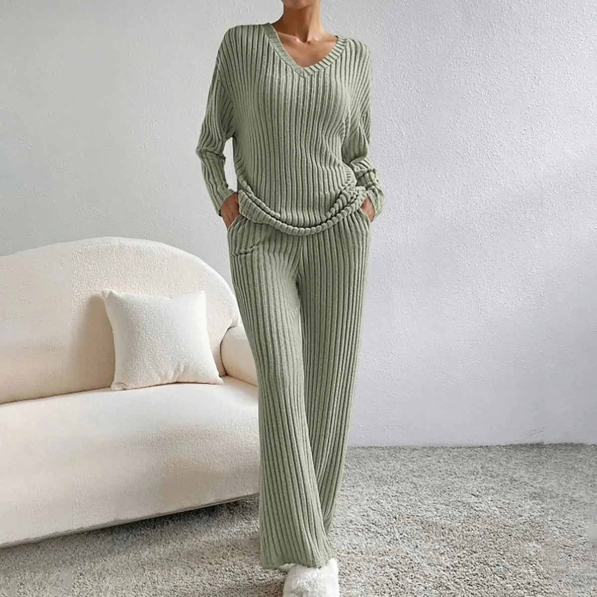 Women's ribbed knit V-neck top and wide-leg trouser loungewear set