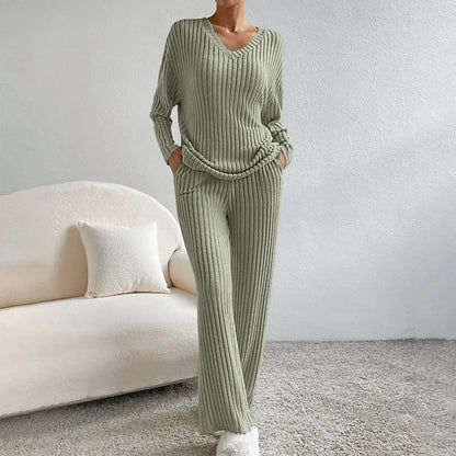 Women's ribbed knit V-neck top and wide-leg trouser loungewear set