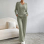 Women's ribbed knit V-neck top and wide-leg trouser loungewear set