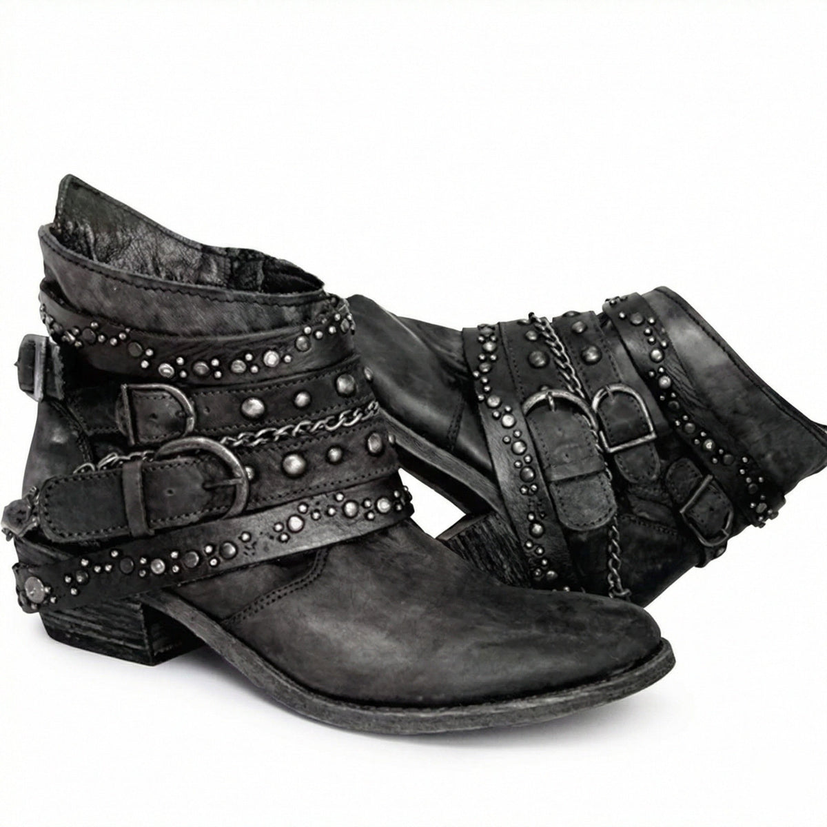 Women's studded ankle boots with multiple buckle straps and low block heels
