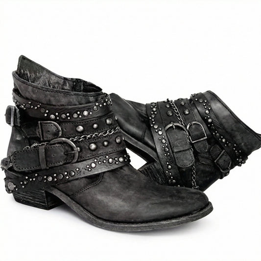 Women's studded ankle boots with multiple buckle straps and low block heels
