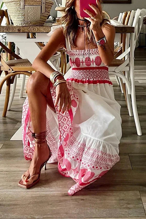 Women's Smocked Maxi Dress — Square-Neck Spaghetti-Strap Tiered Cotton Maxi Dress