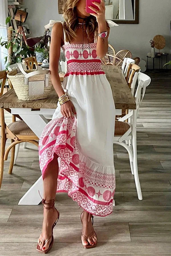 Women's Smocked Maxi Dress — Square-Neck Spaghetti-Strap Tiered Cotton Maxi Dress