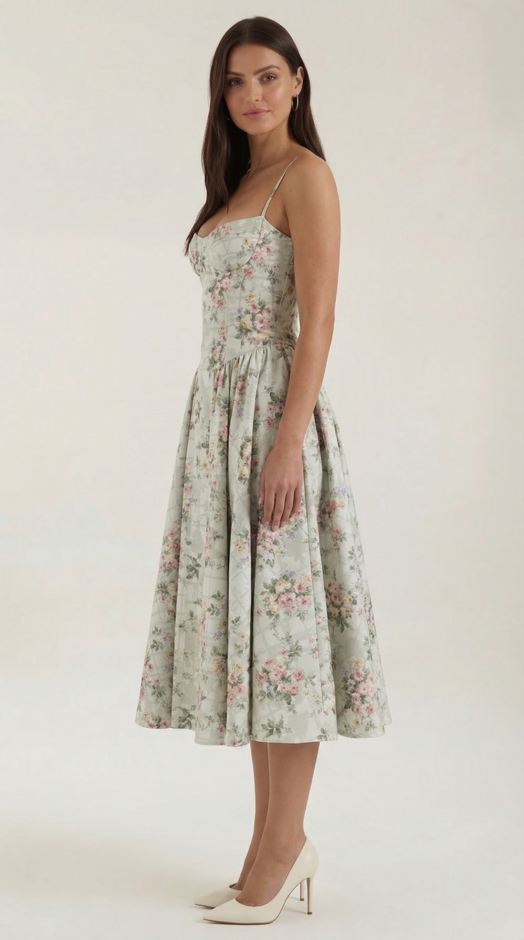 Women's floral corset midi dress with sweetheart neckline and full skirt