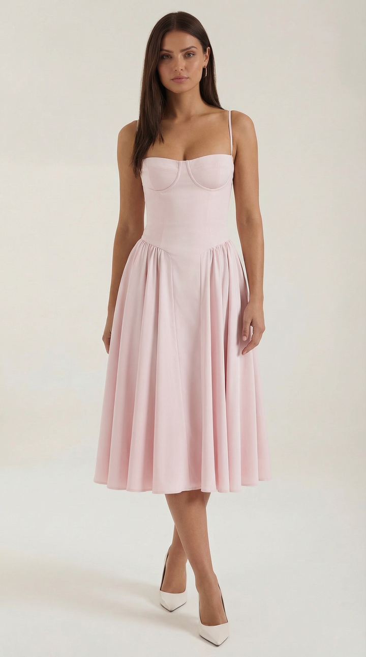 Women's floral corset midi dress with sweetheart neckline and full skirt