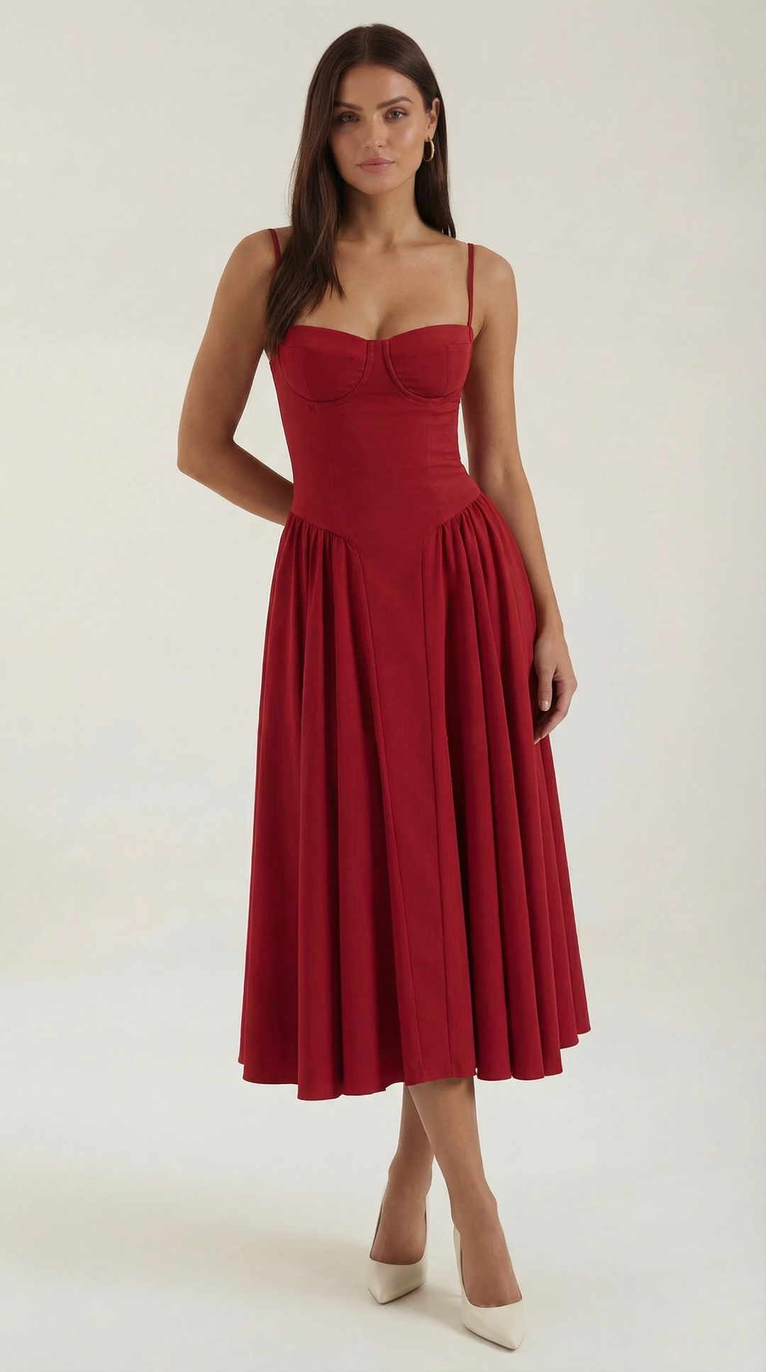 Women's floral corset midi dress with sweetheart neckline and full skirt