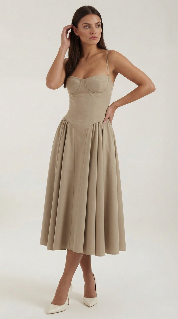 Women's floral corset midi dress with sweetheart neckline and full skirt